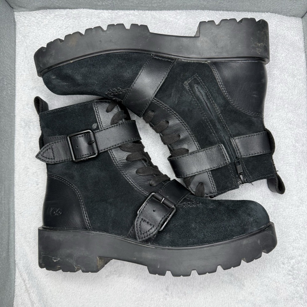 UGG Noe Black Leather Suede Moto Combat Boots Women's 10 Buckle Lug Sole Zip - Picture 3 of 9